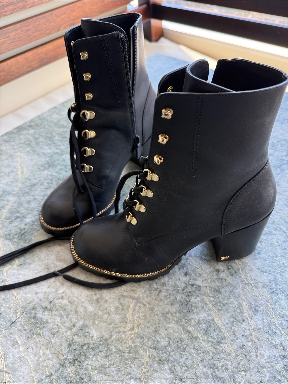 Stuart Weitzman Kolbie Leather Block Heel Combat Booties Black Gold - Size 10